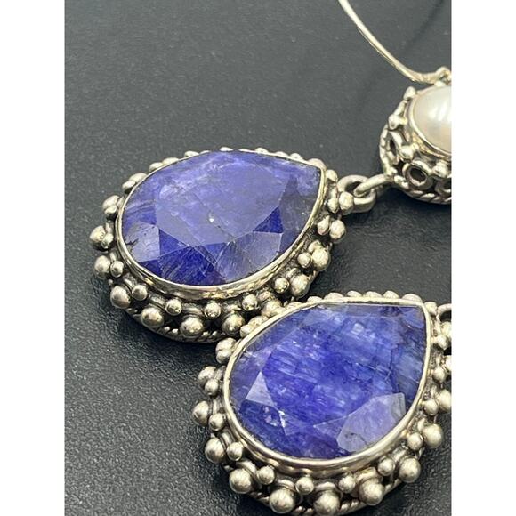 India 925 sterling Faceted Lapis Lazuli White Fresh Water Pearl Cabochon Earring - Picture 15 of 16